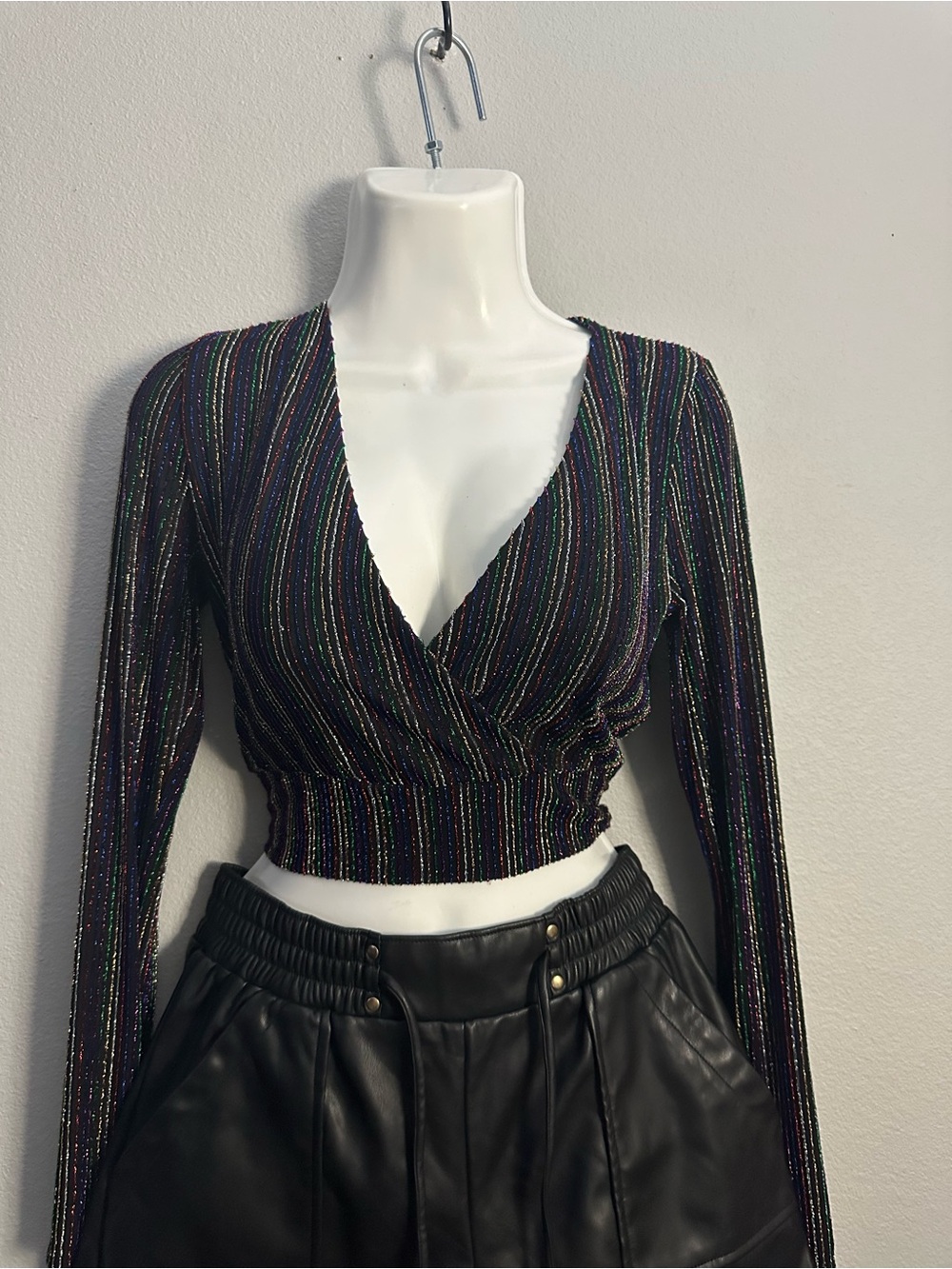 Forever 21 Black Metallic Stripe V-Neck Crop Top